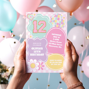 Varsity preppy pastel patch 12th Birthday Invitation