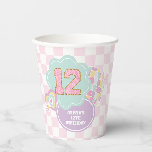 Varsity preppy pastel patch 12th Birthday Paper Cups (Front)