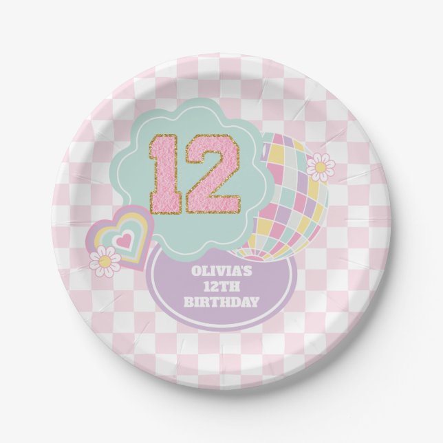 Varsity preppy pastel patch 12th Birthday Paper Plate (Front)