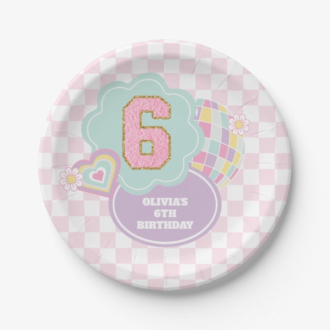 Varsity preppy pastel patch 6th Birthday Paper Plate (Front)