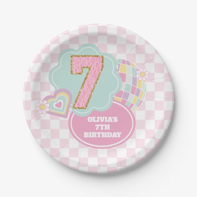 Varsity preppy pastel patch 7th Birthday Paper Plate (Front)