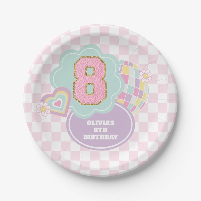Varsity preppy pastel patch 8th Birthday Paper Plate (Front)