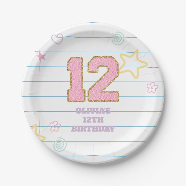 Varsity preppy pastel patch notebook 12th Birthday Paper Plate (Front)
