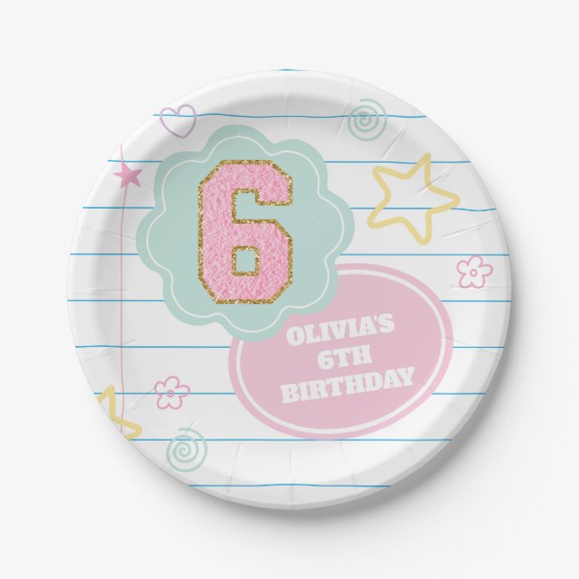 Varsity preppy pastel patch notebook 6th Birthday Paper Plate (Front)