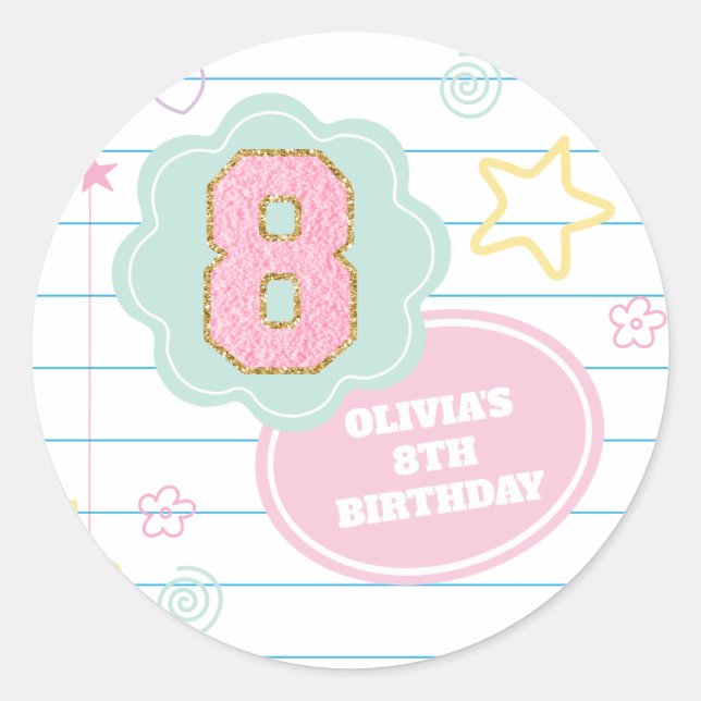 Varsity preppy pastel patch notebook 8th Birthday Classic Round Sticker (Front)
