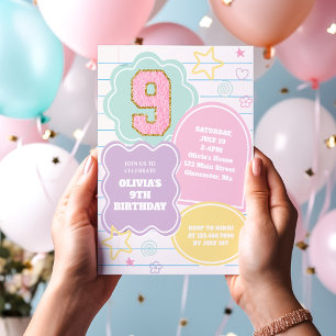 Varsity preppy pastel patch notebook 9th Birthday Invitation