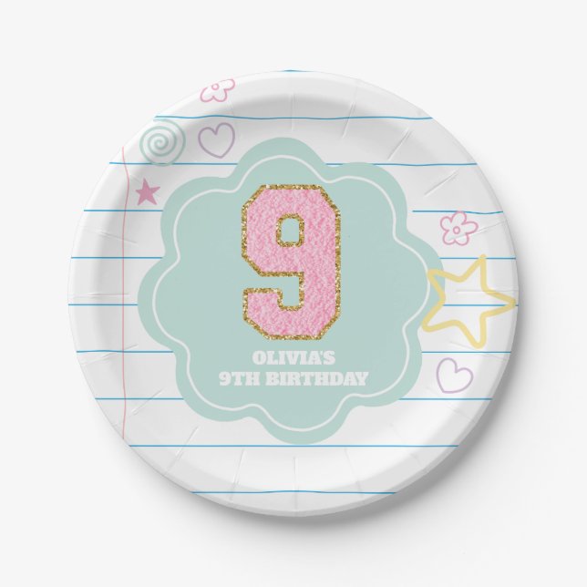 Varsity preppy pastel patch notebook 9th Birthday Paper Plate (Front)
