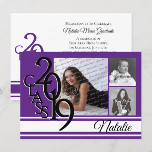 Varsity Purple 2019 Graduation Three Photo Invitation