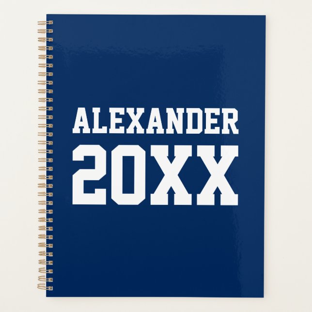 Varsity sports blue white custom name & year planner (Front)