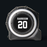 Varsity sports white black custom name team number 1<br><div class="desc">varsity sports black and white custom name and number monogram Tape Measure. Varsity sports style. Customise it with your name, age, year, number or sports team name. Custom white text, black background. Check the rest of Brighton Projects collection for matching and coordinating items. Feel free to send a message for...</div>