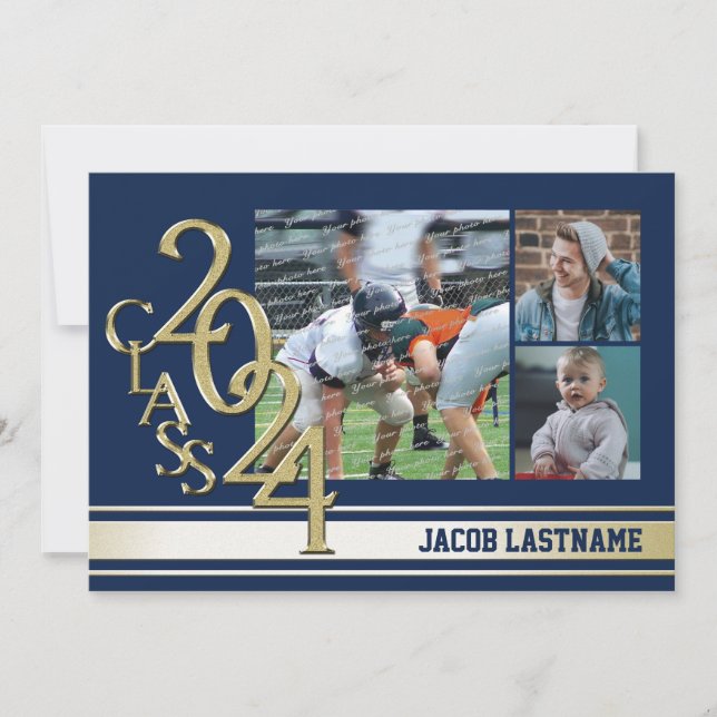 Varsity Stripe Tri Photo Gold Graduate Invitation (Front)