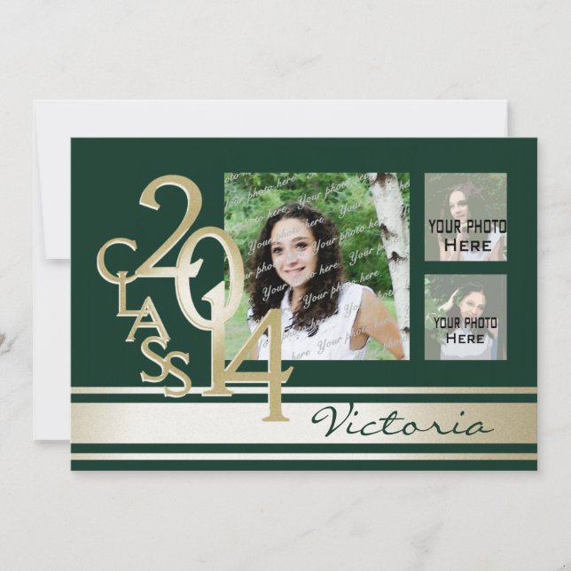 Varsity Stripe Tri Photo Green and Gold Invitation (Front)