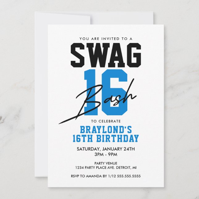 Varsity Style Blue Swag 16 Birthday Invitation (Front)