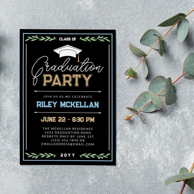 Varsity Typography Black Blue Graduation Party Invitation (Creator Uploaded)