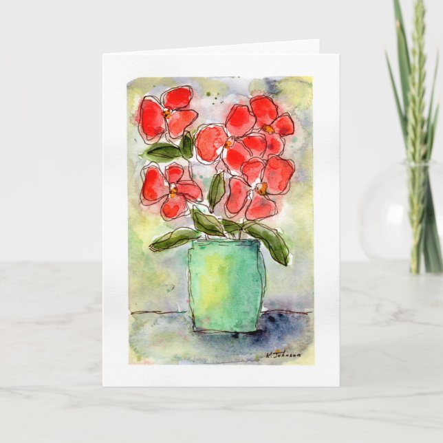 Vase and Flowers Watercolor Greeting Card (Front)