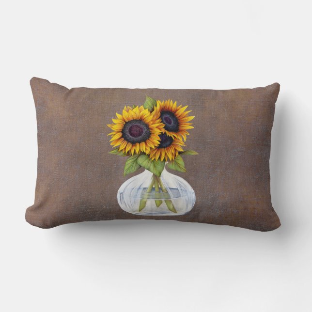 Vase Beautiful Sunflowers on Brown Rustic Lumbar Cushion (Front)
