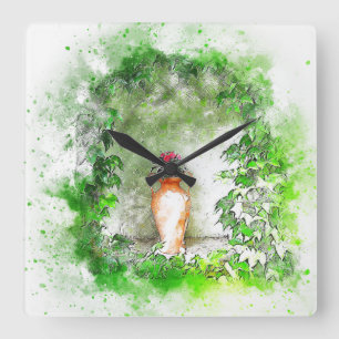 Vase Flower Green Still Life Wreath Paint Square Wall Clock