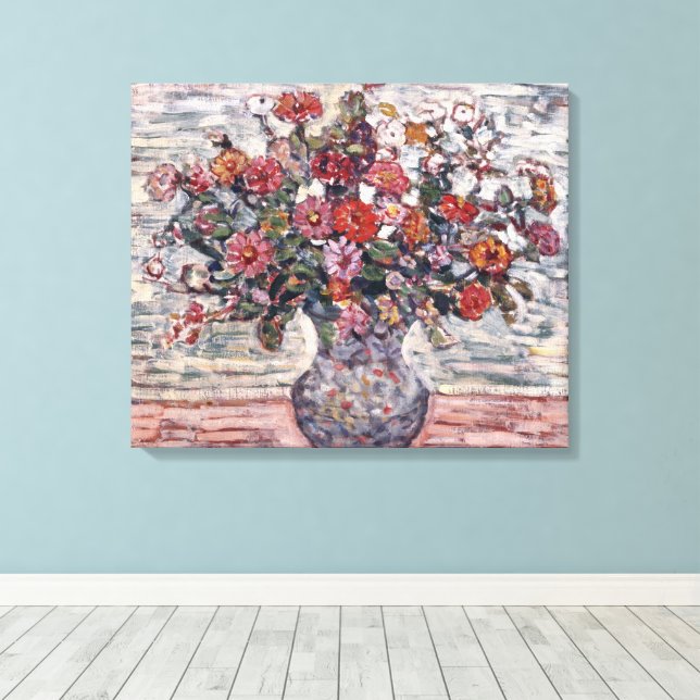 Vase of Flowers, Zinnias by Maurice Prendergast Canvas Print (Insitu(Wood Floor))