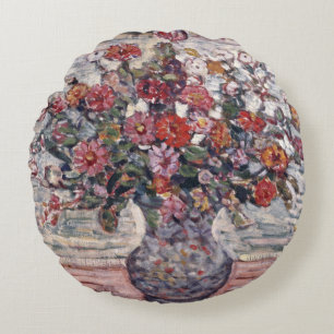 Vase of Flowers, Zinnias by Maurice Prendergast Round Cushion