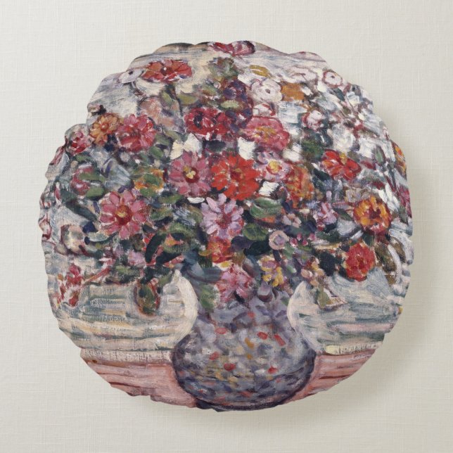 Vase of Flowers, Zinnias by Maurice Prendergast Round Cushion (Front)