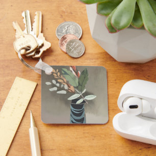 Vase of leaves minimalist art  key ring