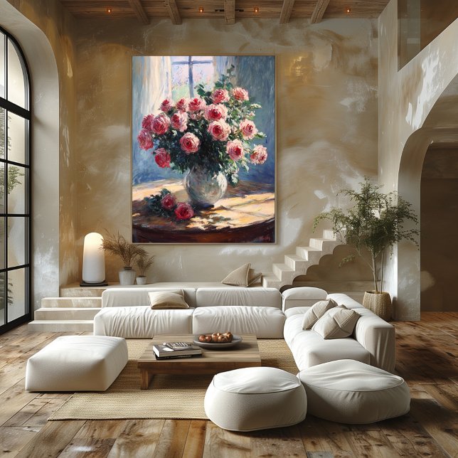 Vase of Pink Roses by Window – Impressionist Art Poster (Creator Uploaded)