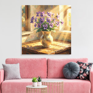 Vase of Purple Violets Impasto   Canvas Print