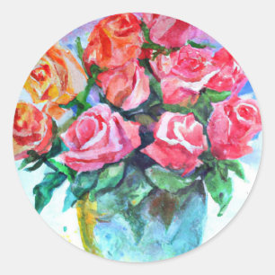 vase of roses in watercolor classic round sticker
