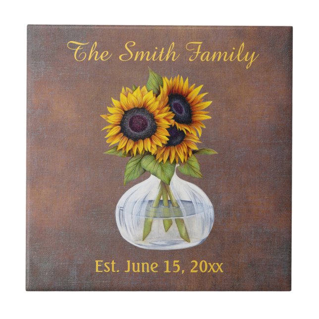 Vase of Sunflowers on Brown Family Name Date Est. Tile (Front)