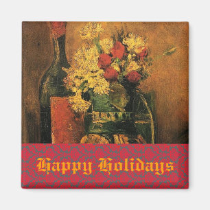 vase with carnations and roses and a bottle magnet
