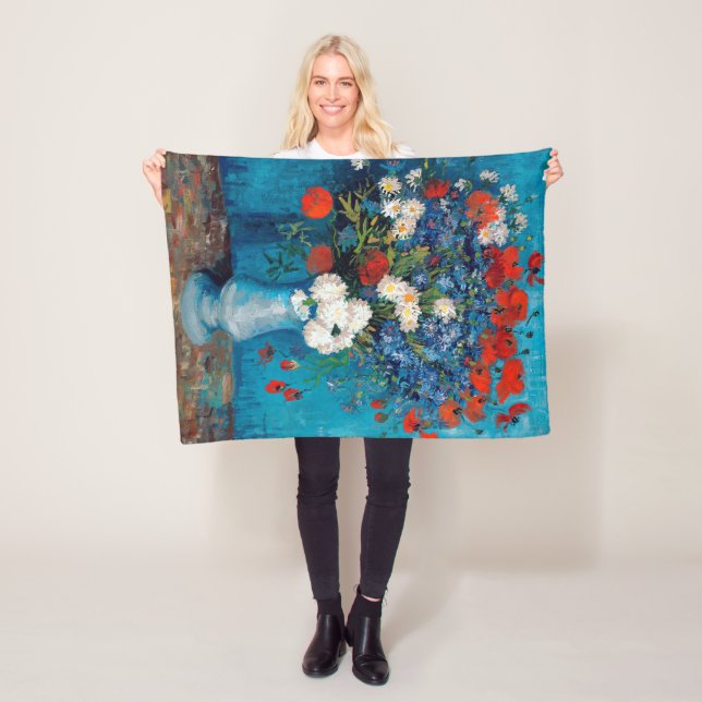 Vase with Cornflowers and Poppies, Van Gogh Fleece Blanket (In Situ)