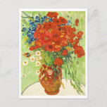 Vase with Cornflowers and Poppies, Van Gogh  Postcard<br><div class="desc">Painted in 1886, this oil on canvas painting is chraacterised by a perfect blend of colour and brushwork. Against a faintly painted blue background, Van Gogh painted a vase with a bouquet of intensely coloured blue cornflowers, bright red poppies and creamy white marguerites. The vibrant colours of the cornflowers, poppies...</div>