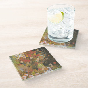 Vase with cornflowers&poppies, peonies&chrysanthem glass coaster