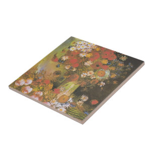 Vase with cornflowers&poppies, peonies&chrysanthem tile