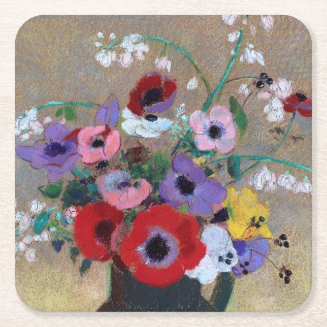 Vase with Mixed Flowers, Redon Square Paper Coaster (Front)