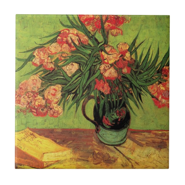 Vase with Oleanders and Books by Vincent van Gogh Tile (Front)