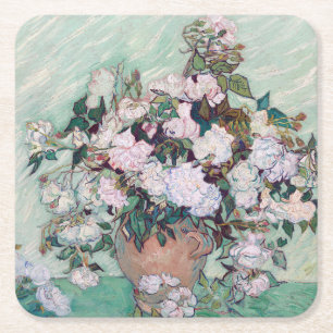 Vase with Pink Roses, Van Gogh Square Paper Coaster