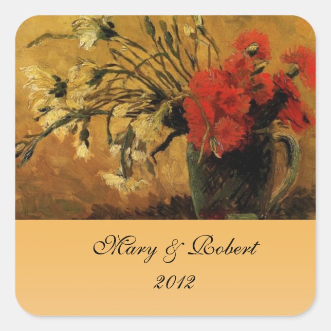 vase with red and white carnations, Vincent Square Sticker (Front)