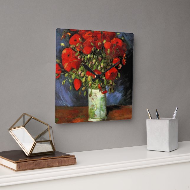 Vase with Red Poppies by Vincent Van Gogh Square Wall Clock (Office)