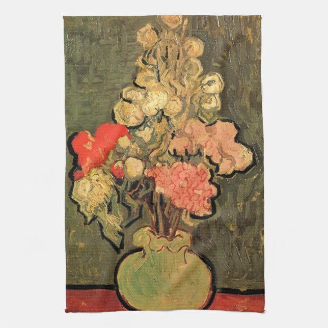 Vase with Rose Mallows by Vincent van Gogh Tea Towel (Vertical)