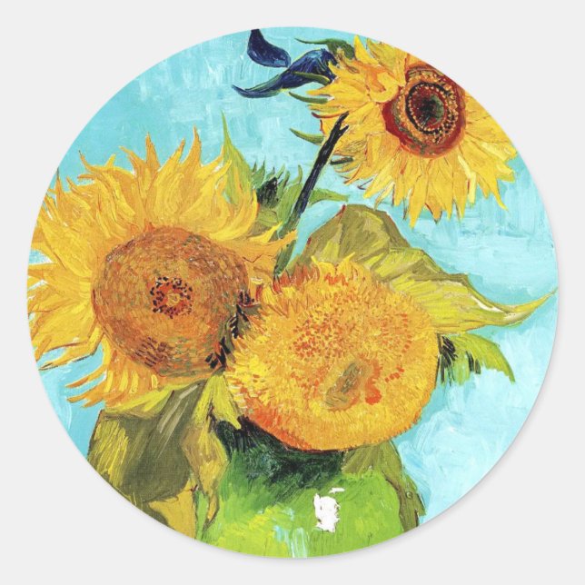 Vase with Three Sunflowers (1888) Vincent Van Gogh Classic Round Sticker (Front)