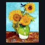 Vase with Three Sunflowers (1888) Vincent Van Gogh Poster<br><div class="desc">Vase with Three Sunflowers (1888), a well-known Post-Impressionist landscape painting by Vincent van Gogh, is depicted in this art print poster with its delicate golden yellow sunflowers against a blue background. Van Gogh created four sunflower still lifes in August 1888 in Arles' Yellow House. The 14 blooms on a blue...</div>