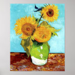 Vase with Three Sunflowers (1888) Vincent Van Gogh Poster<br><div class="desc">Vase with Three Sunflowers (1888), a well-known Post-Impressionist landscape painting by Vincent van Gogh, is depicted in this art print poster with its delicate golden yellow sunflowers against a blue background. Van Gogh created four sunflower still lifes in August 1888 in Arles' Yellow House. The 14 blooms on a blue...</div>