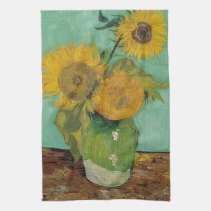 Vase with three sunflowers, Vincent van Gogh Tea Towel