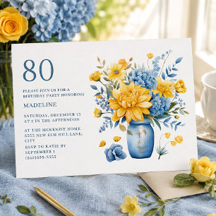 Vase Yellow Blue Flowers 80th Birthday Invitation