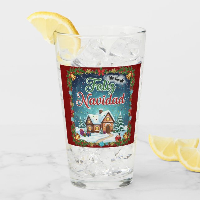 Vaso de Vidrio Navideño Feliz Navidad con Casita Glass (Front Ice)