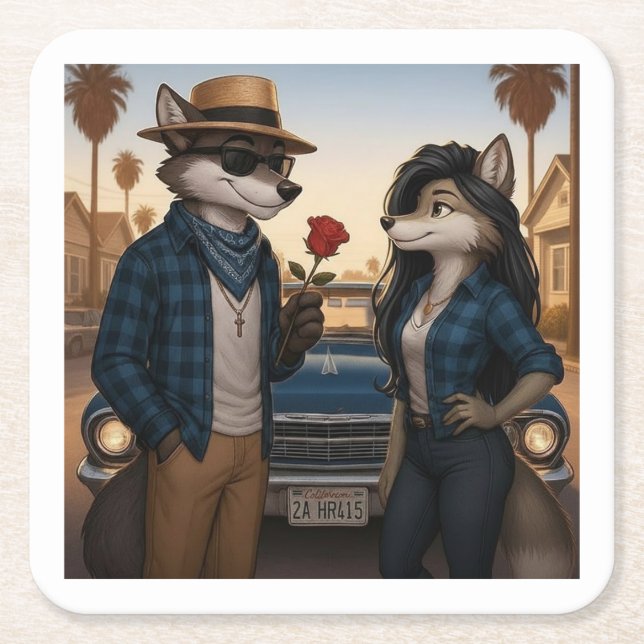 Vato Lobo "Valentines" Square Paper Coaster (Front)