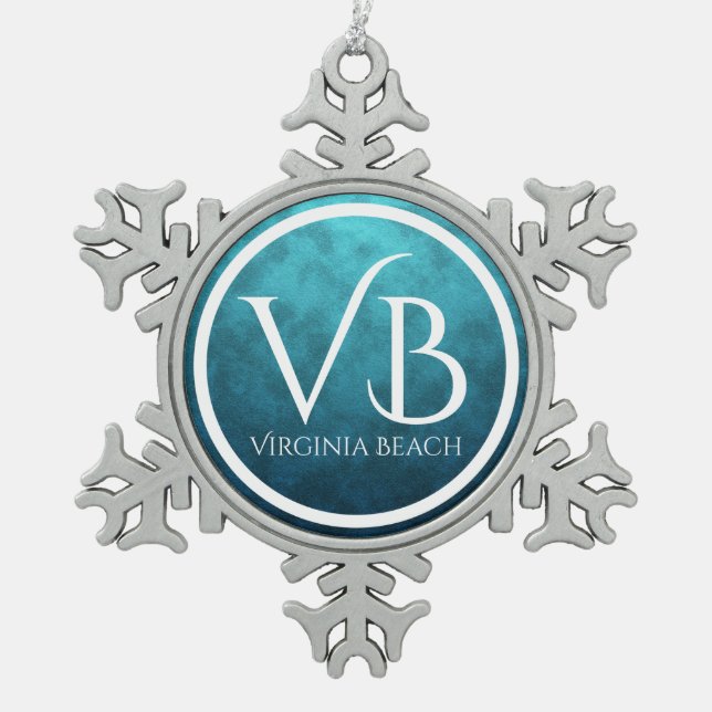 VB Virginia Beach on Blue Water Background Snowflake Pewter Christmas Ornament (Front)