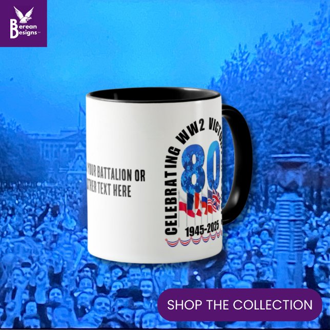 VE DAY 80th Anniversary Victory in Europe WW2 Mug (Souvenir mug to celebrate the 80th Anniversary of VE Victory in Europe Day w/ customizable text.)