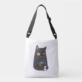 Vector black cat drinks coffee and spills past the crossbody bag